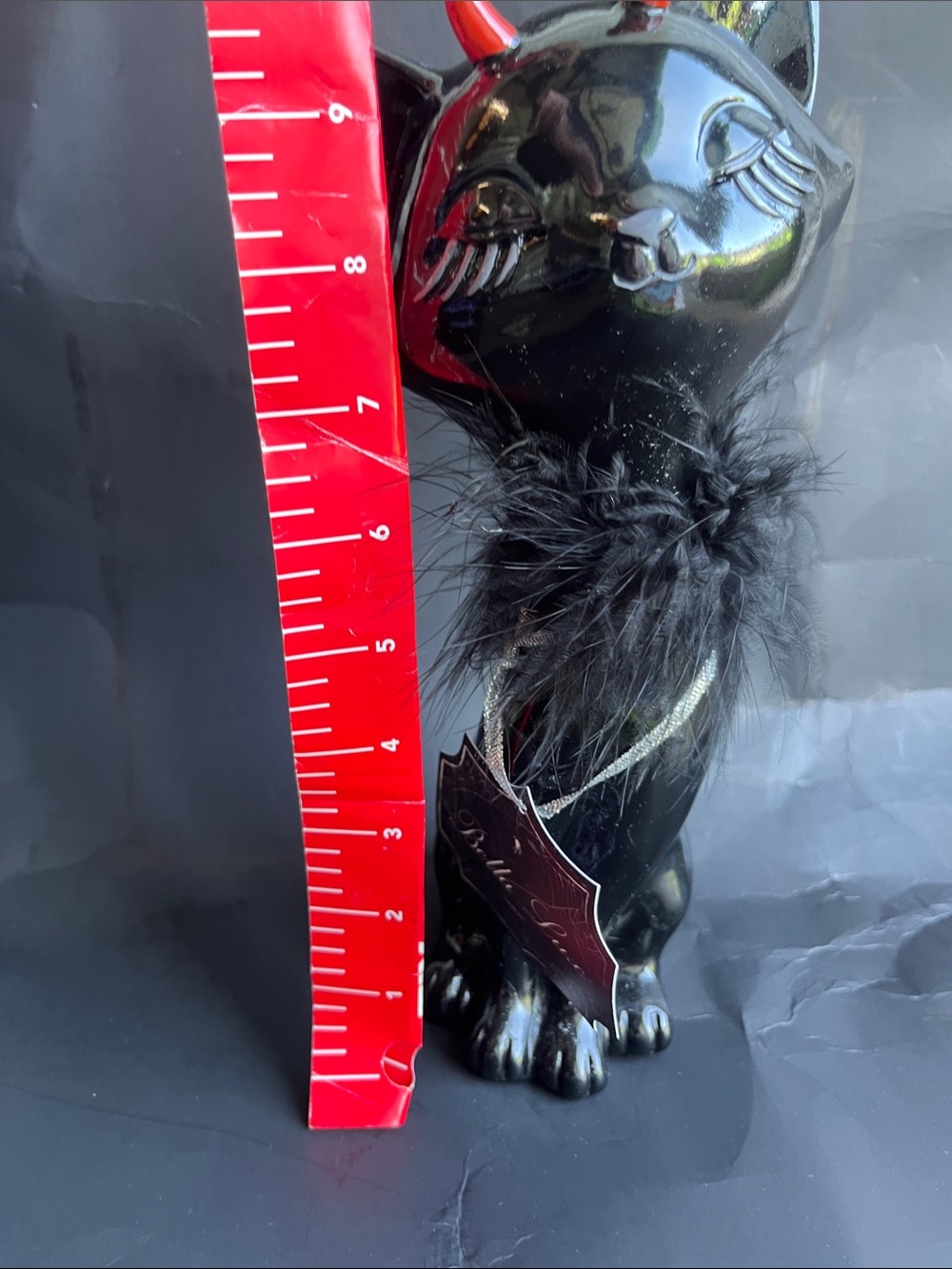 Black Decorative Cat Figurine with Feather Collar - Home Accent